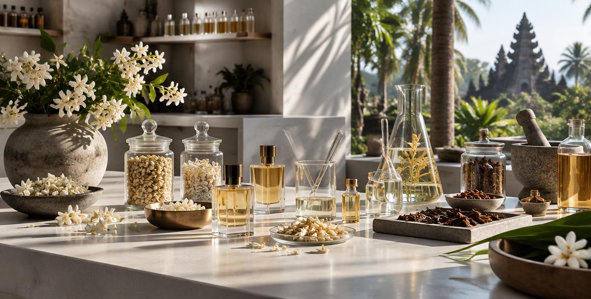 Studio parfum dengan melati, rempah, dan perangkat ekstraksi